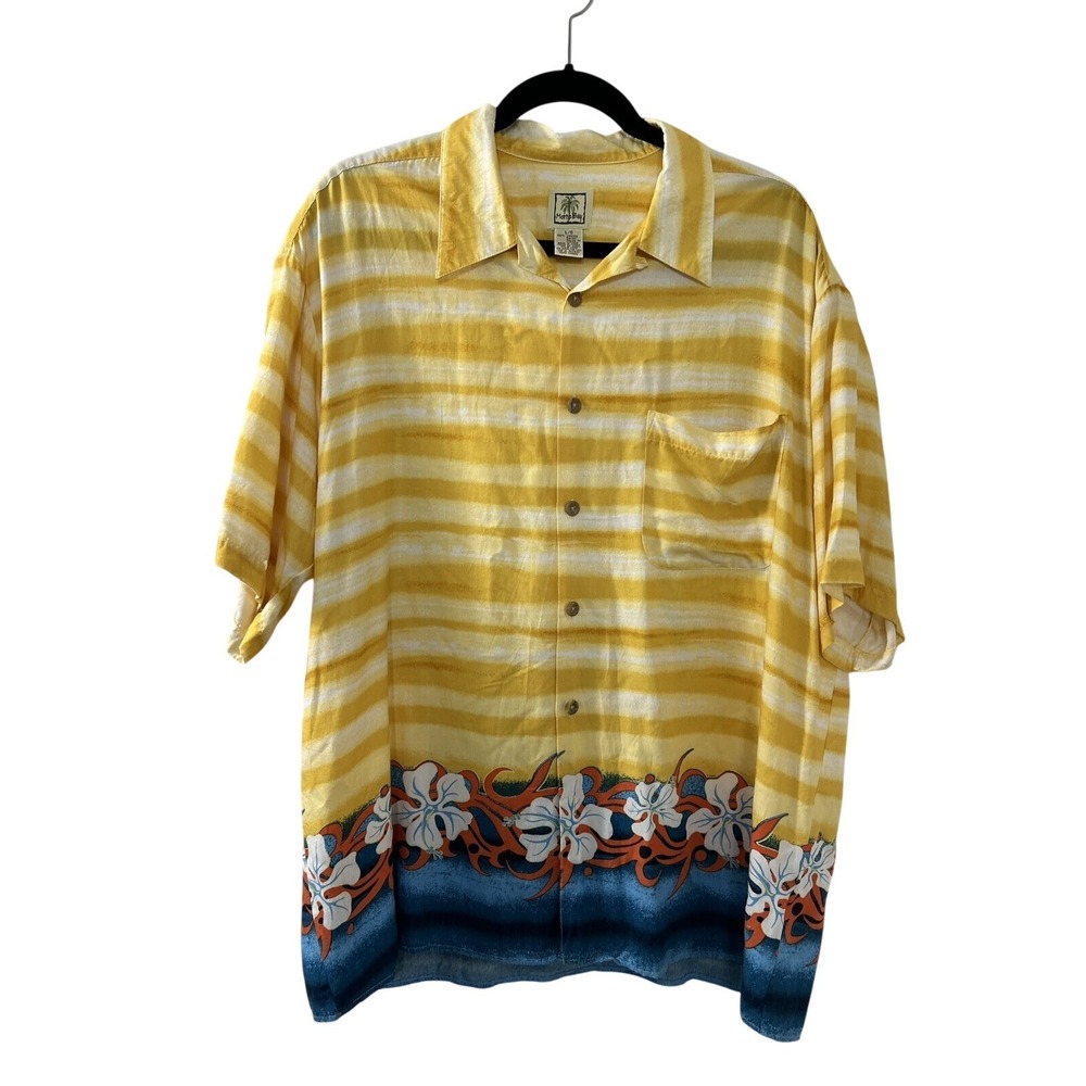 Morro Bay Striped Floral Shirt L‎ Yellow Short Sleeve Viscose Aloha Tiki Y2K